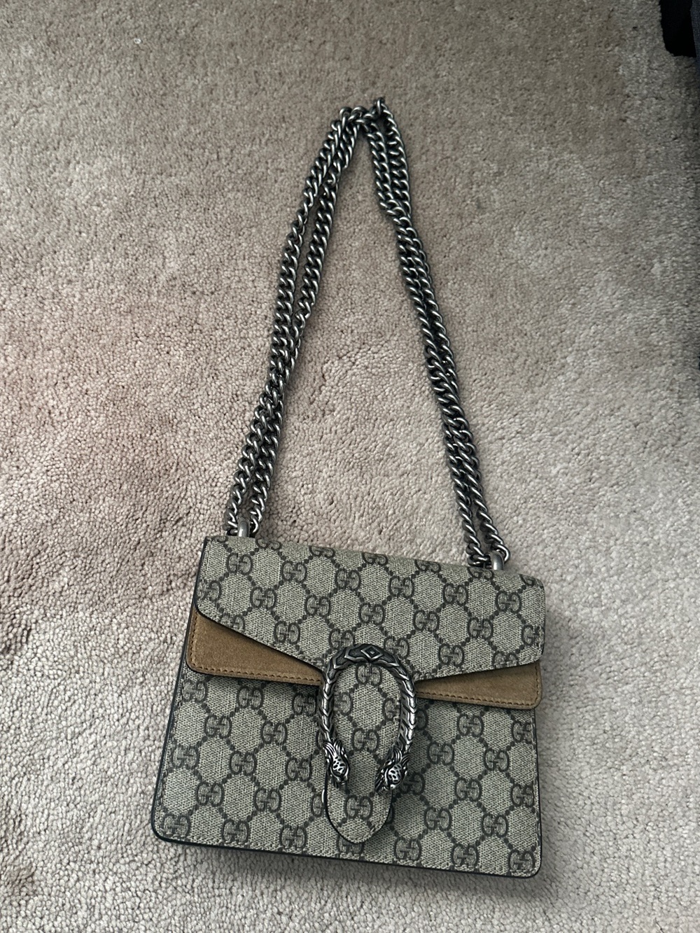 Gucci GG Supreme Canvas Shoulder Bag in Beige and Tan with Silver Chain